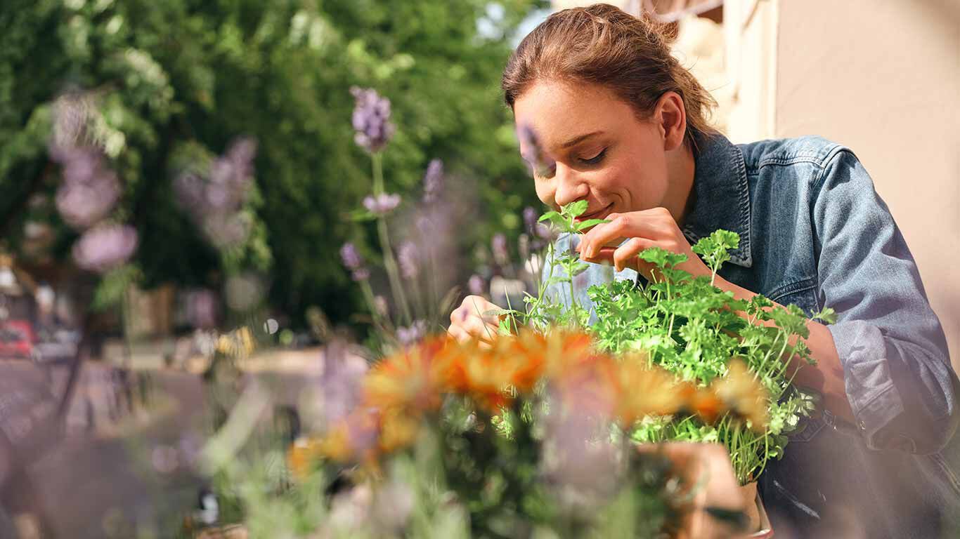 Une femme se réjouit de ses herbes de balcon.