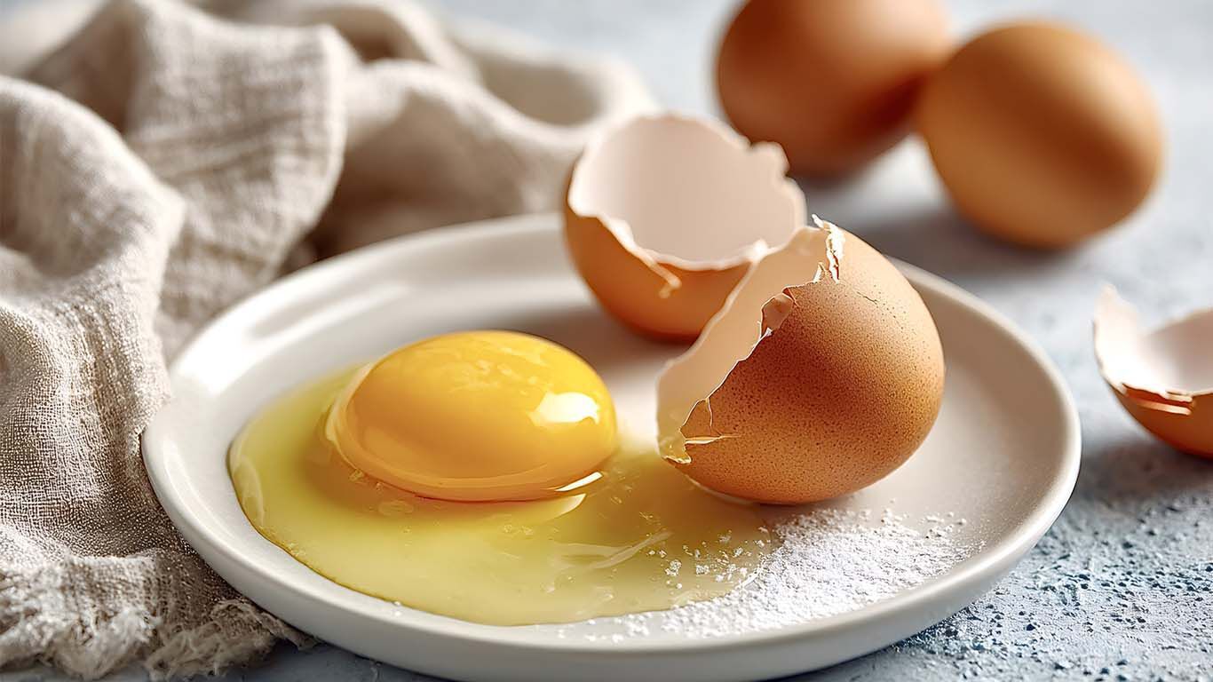 La coquille d'&oelig;uf bris&eacute;e est pos&eacute;e sur une soucoupe, &agrave; c&ocirc;t&eacute; de l'&oelig;uf cru.