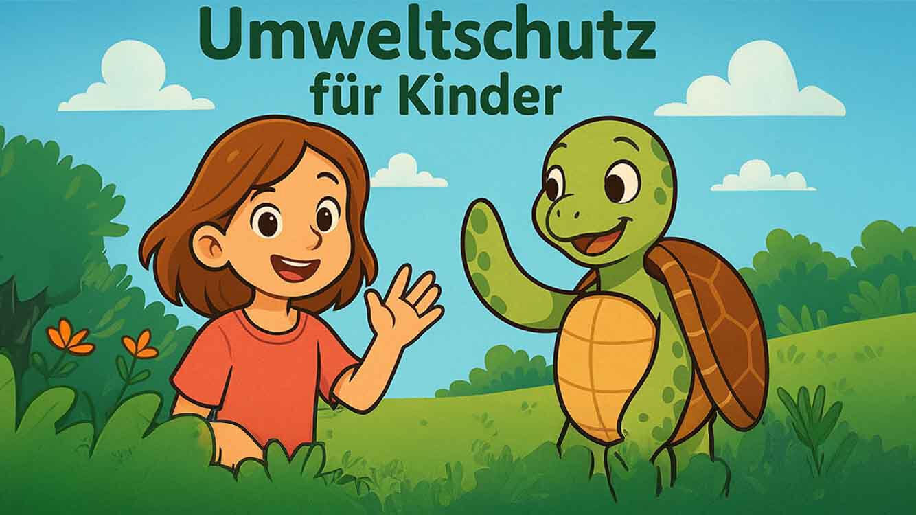 Illustration d'un enfant faisant signe &agrave; une tortue souriante dans la verdure, intitul&eacute;e "La protection de l'environnement pour les enfants".