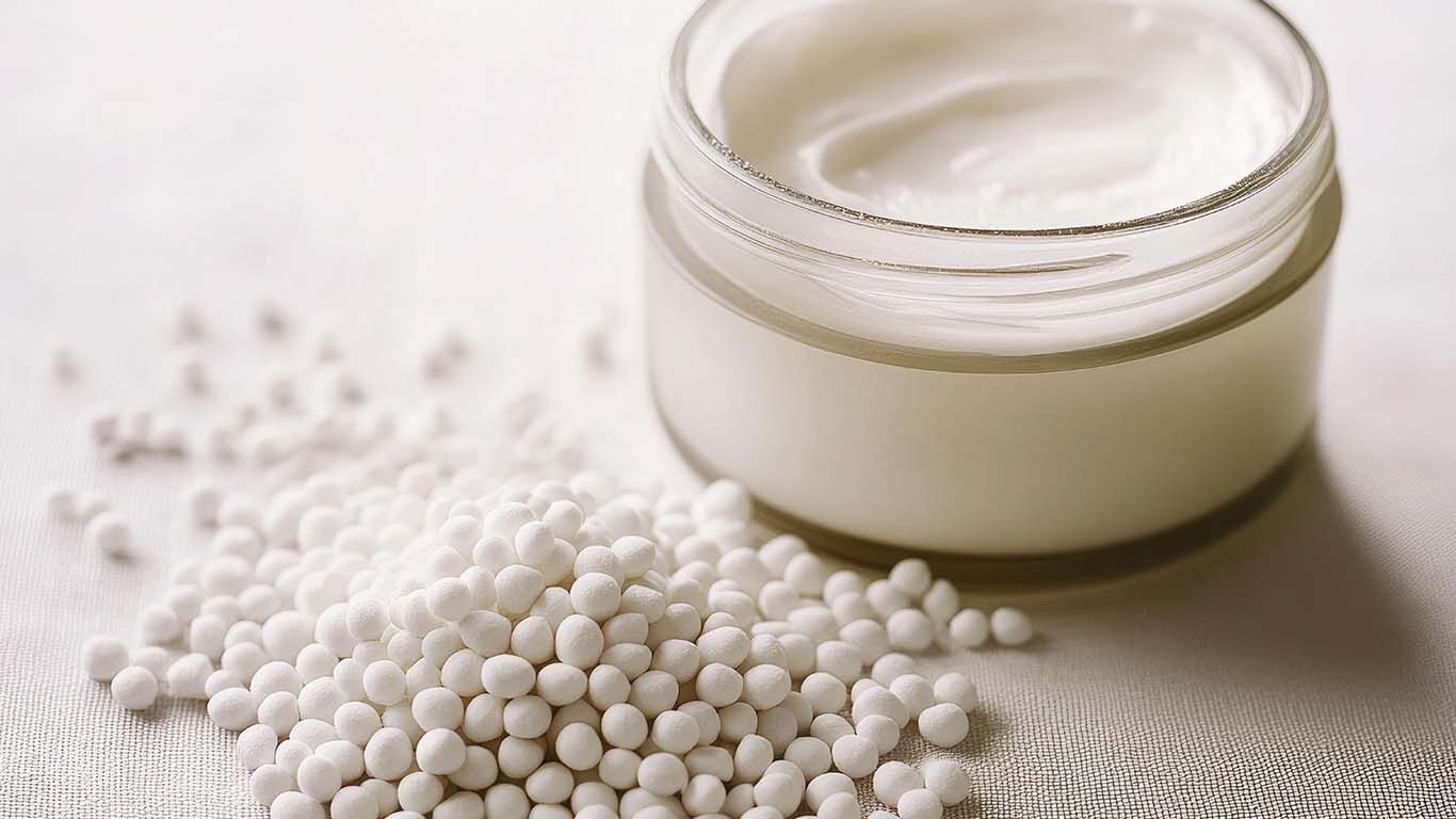 Pot de crème de soin pour la peau ouvert au premier plan se trouvent des granules d'urée blanches