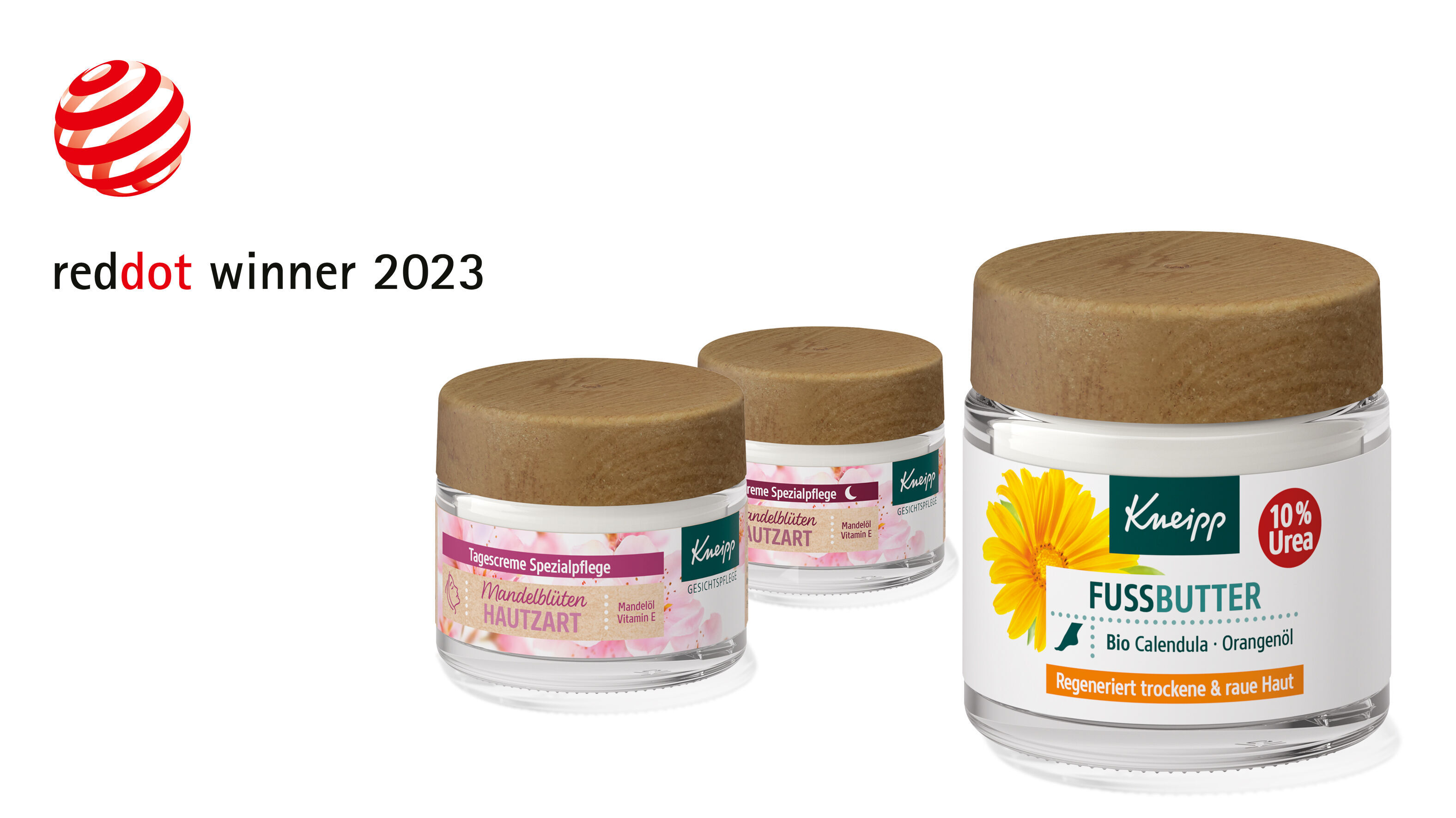Le logo du Red Dot Award à côté des produits récompensés : Crèmes pour le visage et beurre pour les pieds à la fleur d'amandier