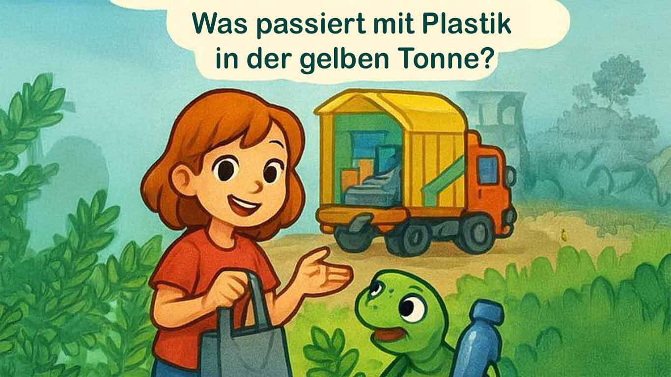 Illustration d'un enfant souriant, accompagn&eacute; d'une tortue souriante, devant une benne &agrave; ordures, intitul&eacute;e "Qu'arrive-t-il au plastique lorsque nous le jetons dans la poubelle ou le sac jaune ?