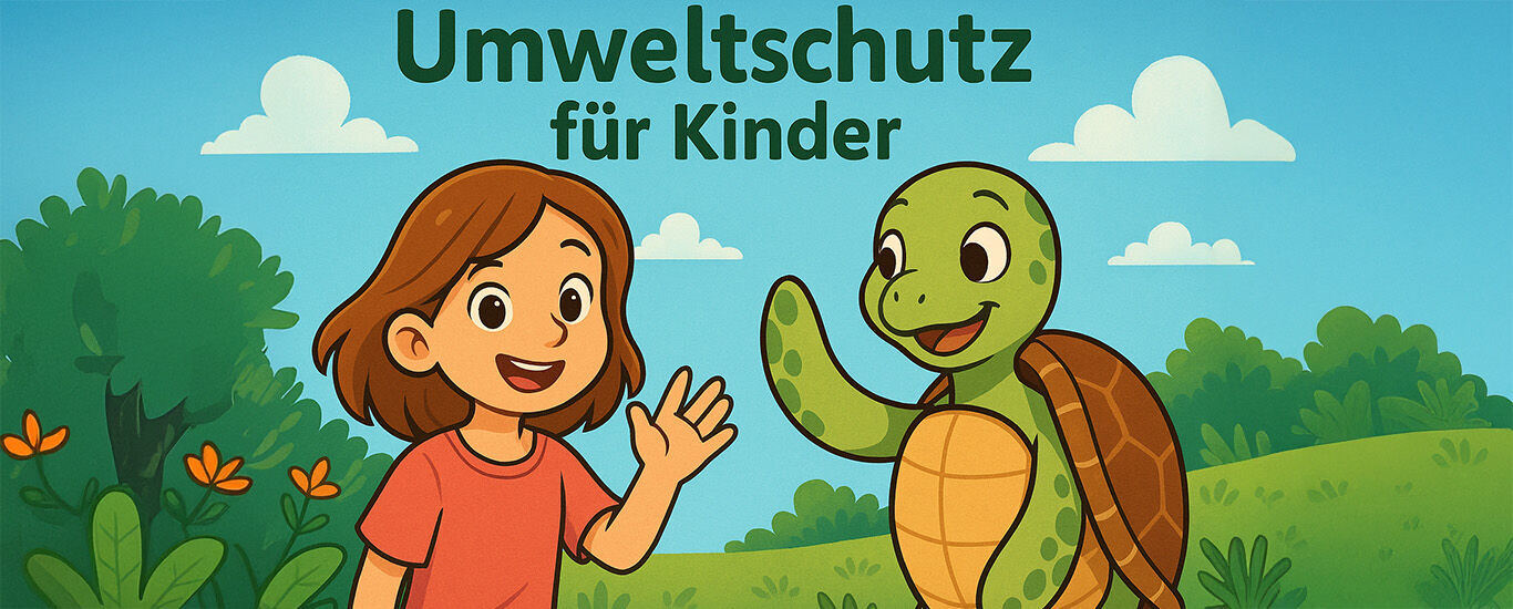 Illustration d'un enfant faisant signe &agrave; une tortue souriante dans la verdure, intitul&eacute;e "La protection de l'environnement pour les enfants".
