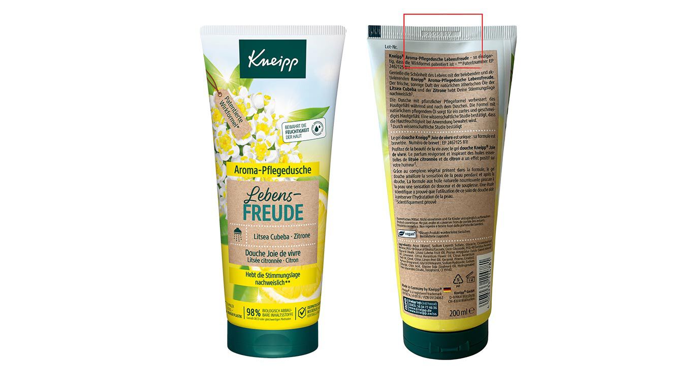 Zum Schutz der Verbraucher ruft Kneipp den Artikel Aroma-Pflegedusche Lebensfreude, 200 ml, EAN 4008233114781 zurück. Vista trasera de una ducha Lebensfreude afectada por la retirada.