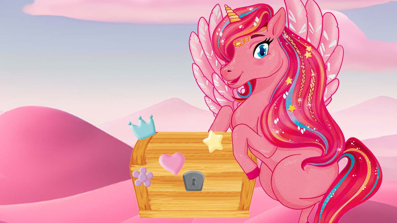 Illustration : licorne rose avec coffre au trésor doré. 