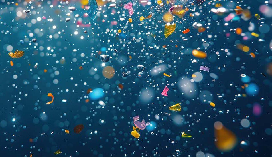 微細なマイクロプラスチック粒子が海中を浮遊している。
