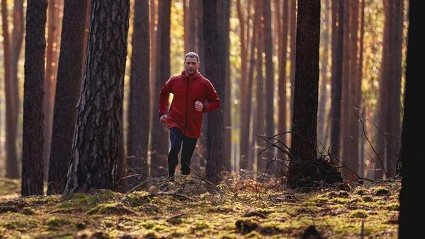 Mężczyzna w stroju sportowym uprawiający jogging w jesiennym lesie.