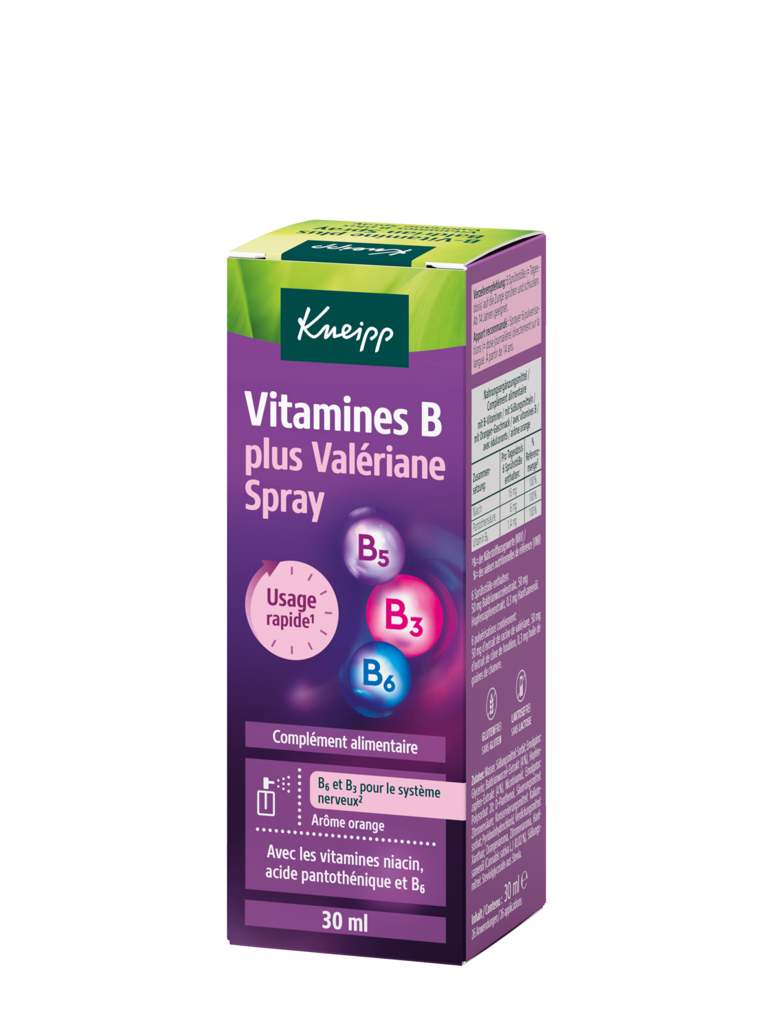 Vitamines B plus Val&eacute;riane Spray - Vue de dos