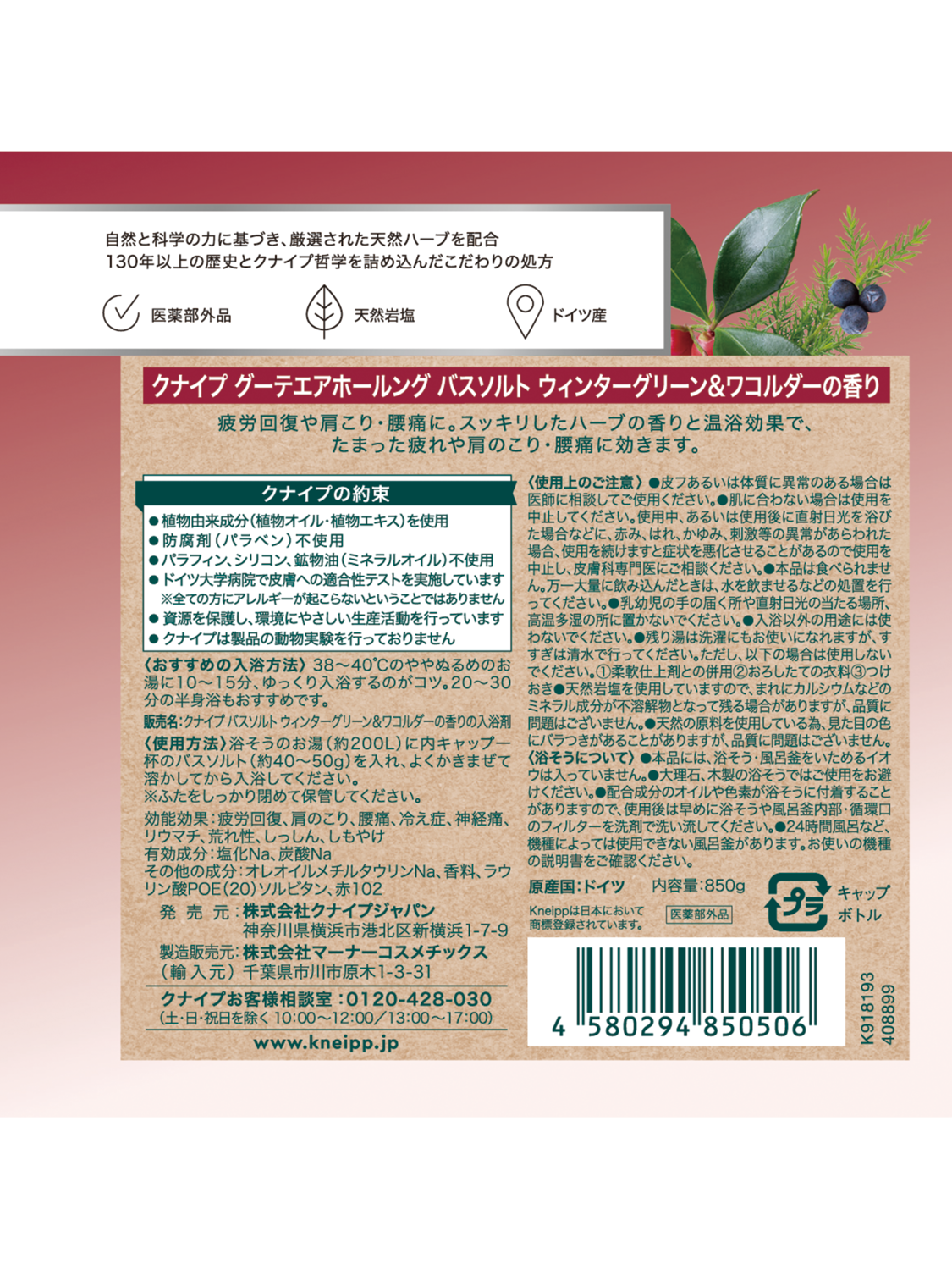 【完売】グーテエアホールング バスソルト ウィンターグリーン＆ワコルダーの香り 850g - 背面ビュー