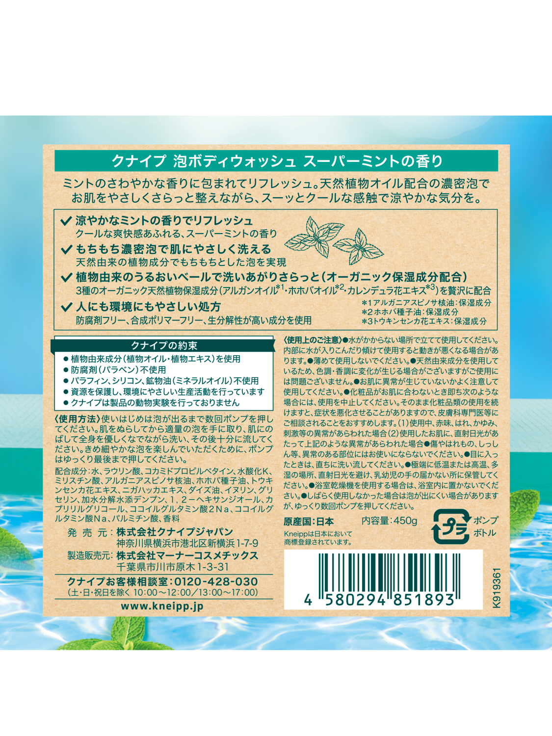 泡ボディウォッシュ スーパーミントの香り 450g - 背面ビュー