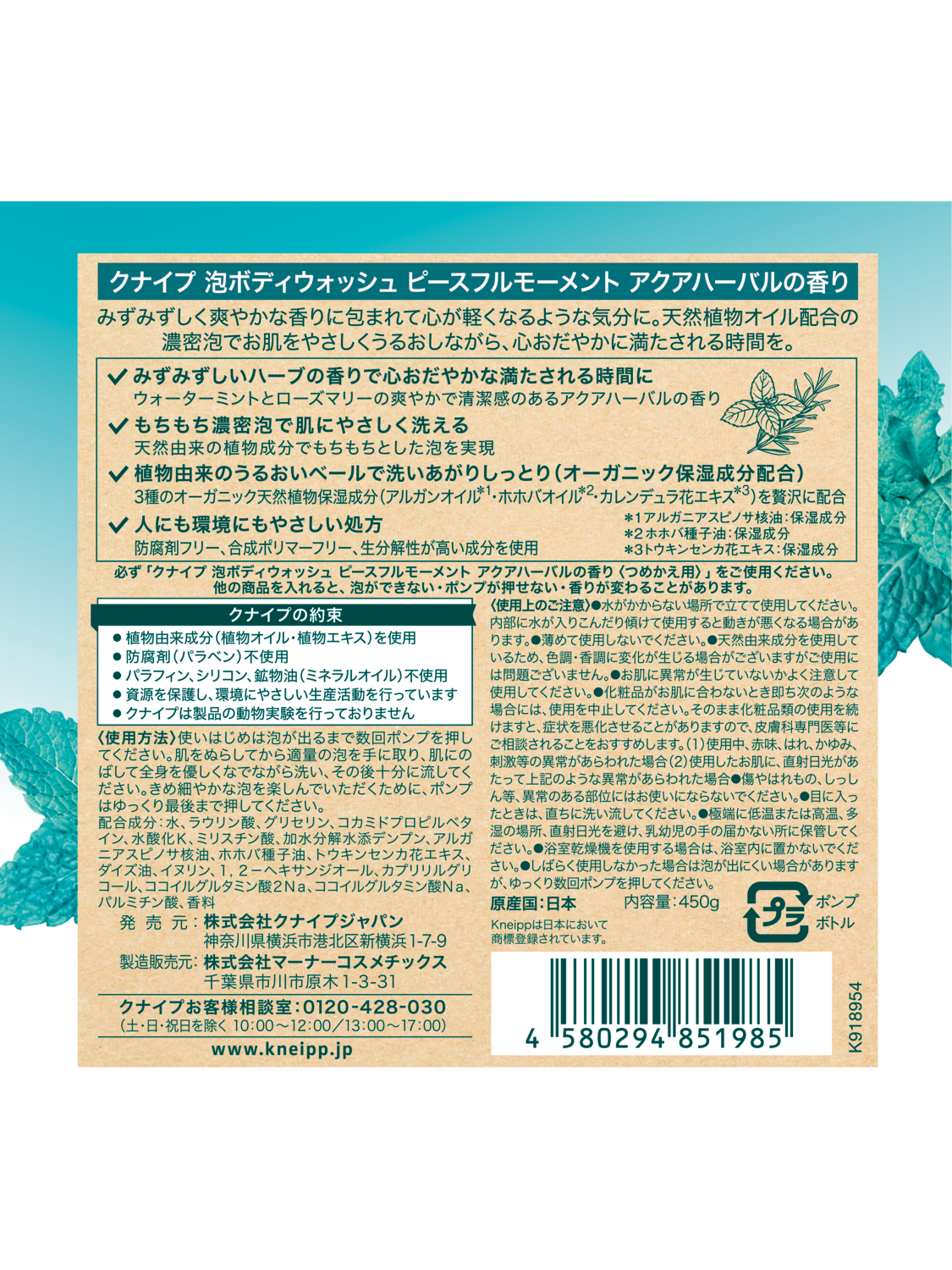 泡ボディウォッシュ ピースフルモーメント アクアハーバルの香り 450g - 背面ビュー